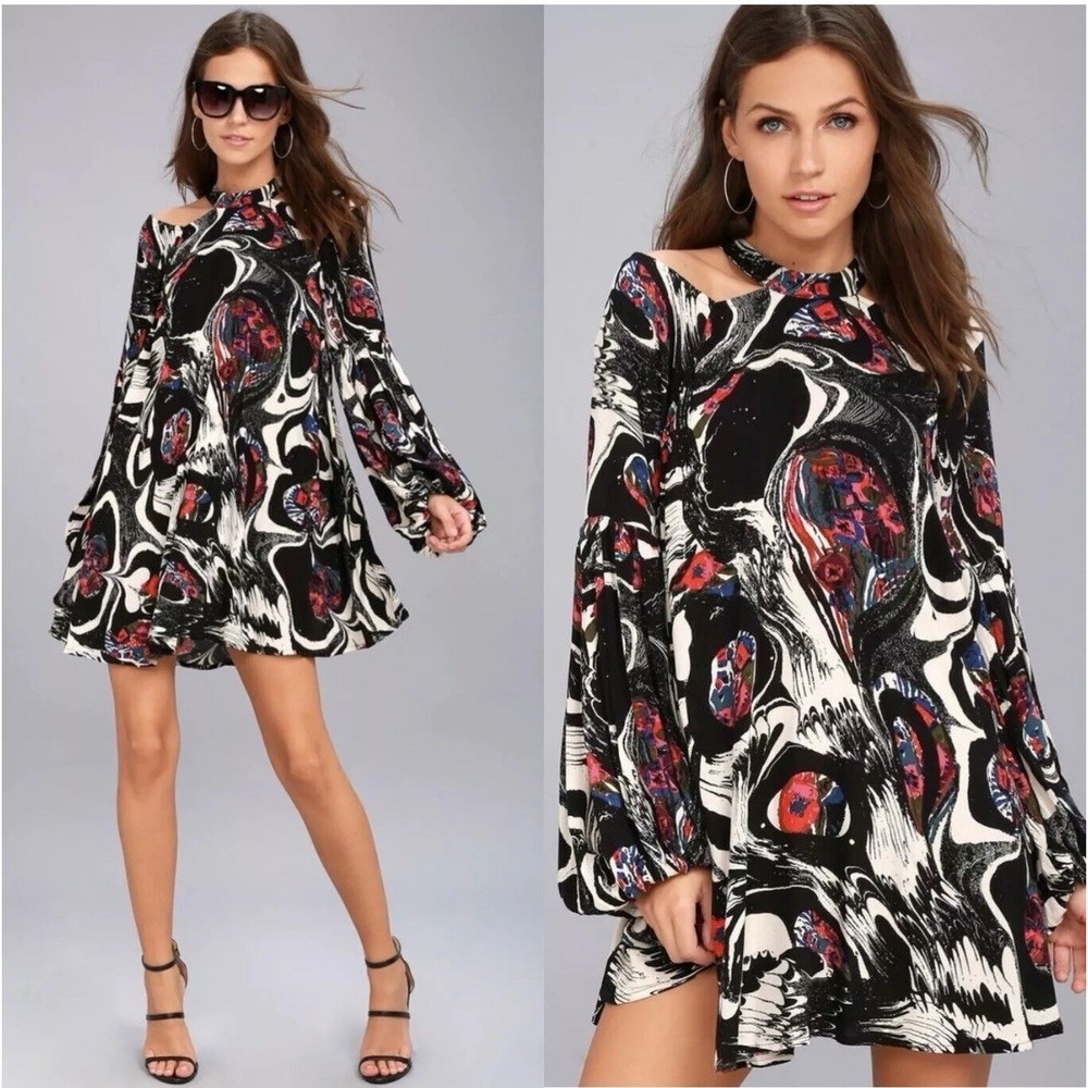 Free People‎ Drift Away Halter Neck Dress XS Cold Shoulder Long Sleeve Abstract